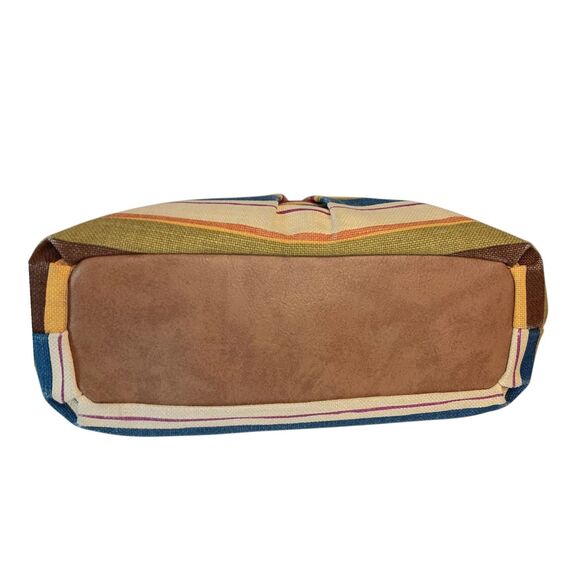 Striped Canvas Clutch Purse Wooden Handles Tan Blue Brown Summer Relic Brand - Picture 5 of 14
